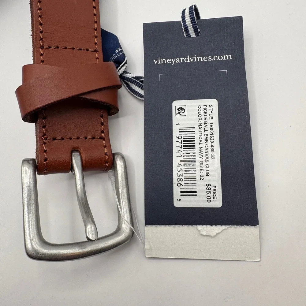 Vineyard Vines Pickleball Canvas Mens 32 Belt Nautical Navy Italian Leather Trim